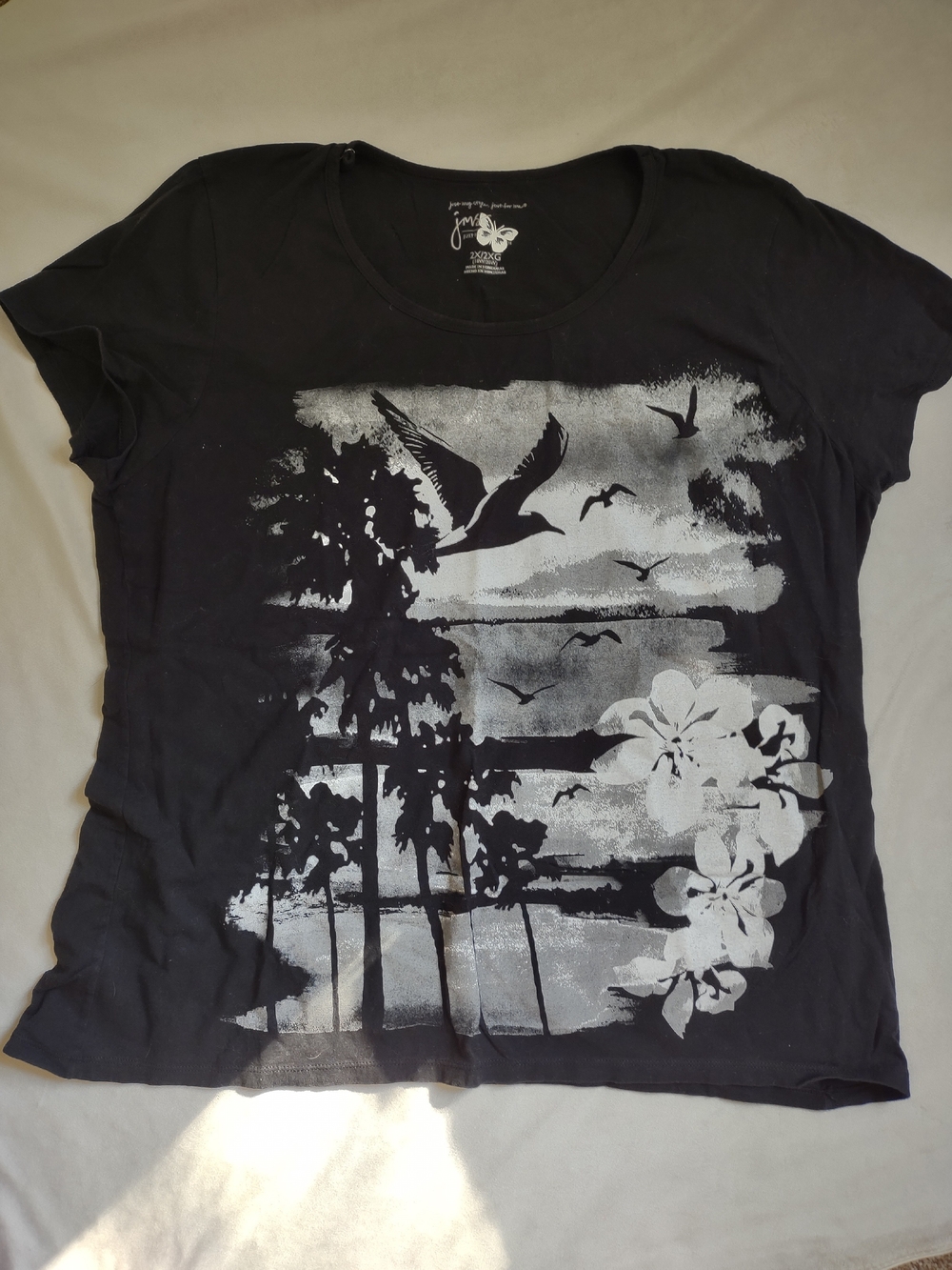 Just My Size Black Short Sleeve Tee with White Tropical Graphic